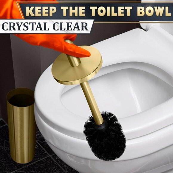 Gold Stainless Steel Toilet Brush and Holder Set Replaceable Head Dense Bristles - Picture 6 of 9